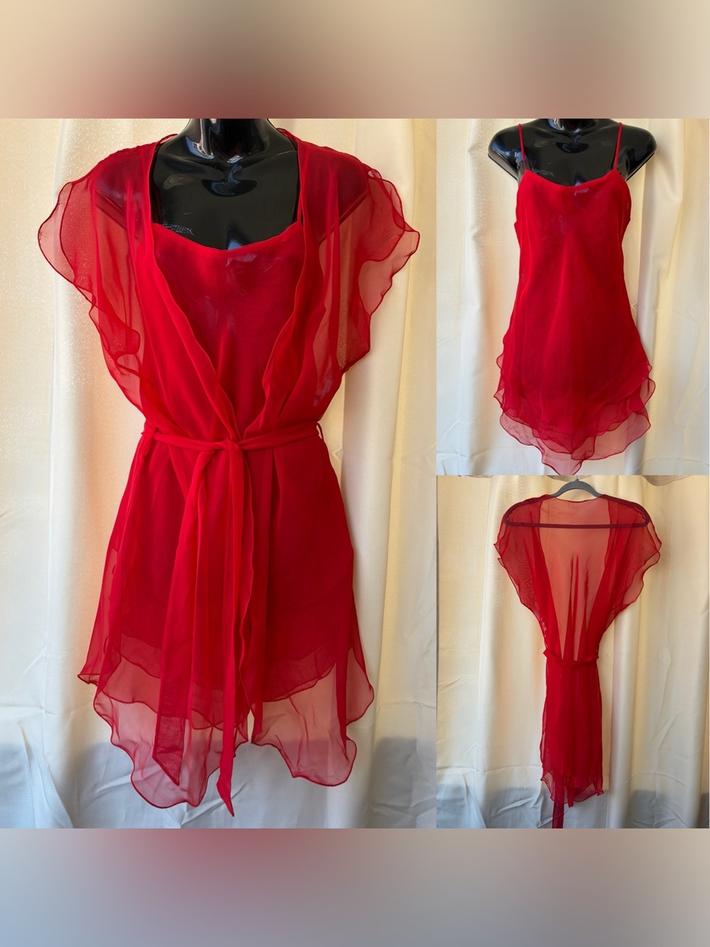 Vintage Georgette Trabolsi Red Ruffle Peignoir Nightgown & Robe Set